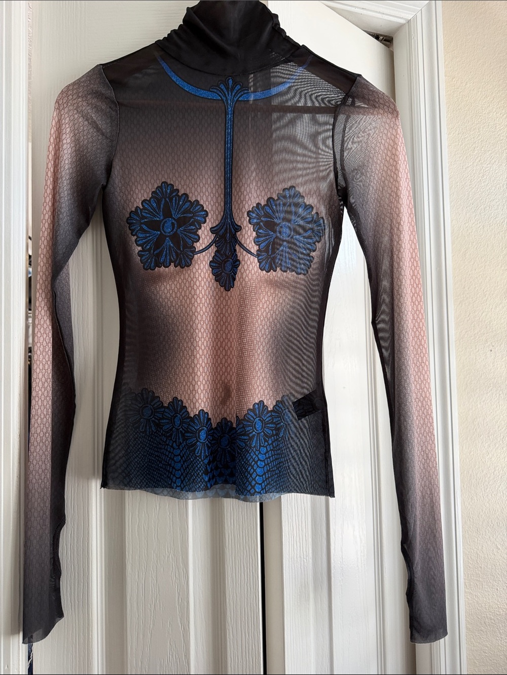 AFRM Black Sheer Mesh Long-Sleeve Top with Blue Floral Appliqué